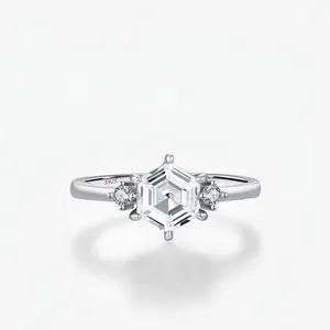Hexagonal Cut Sparkling Cubic Zirconia Ring 925 Sterling Silver Geometric Elegant Jewelry For Women