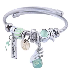 Fashion Steel Wire Bangle Bracelet With Alloy Charms Angel Wings Heart Beads For Women Adjustable Cuff Jewelry
