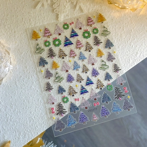 Autocollants ongles de Noël 3D en relief avec sapins colorés, couronnes et nœuds, YT3777