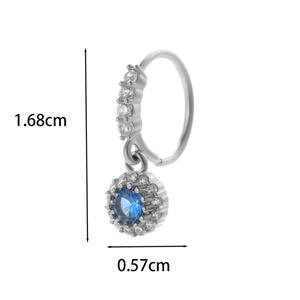 Detailed dimension view of titanium nose stud with blue stone and floral design