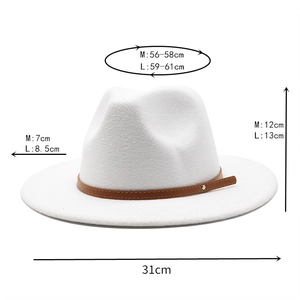 White wool fedora hat with brown leather band showing size dimensions and measurements