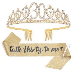 Golden 30th birthday party set with rhinestone tiara and Talk Thirty to Me sash