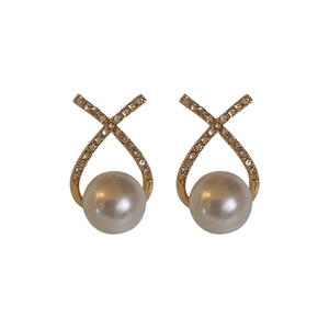 Elegant gold letter X stud earrings with pavé diamonds and a large white pearl drop