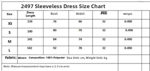 Detaillierte Größentabelle für elegantes ärmelloses Maxikleid mit Maßen in cm und kg