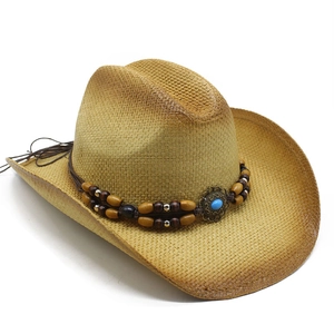 Western straw cowboy hat with gradient brim and beaded band featuring turquoise stone