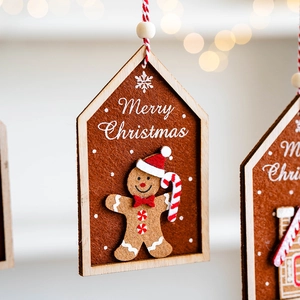 Wooden felt gingerbread man Christmas tree ornament with Merry Christmas house frame