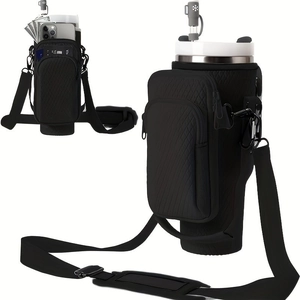 Quilted 40oz water bottle sleeve with adjustable shoulder strap and phone zipper pocket