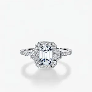 Emerald Cut Moissanite Ring 925 Sterling Silver Vintage Halo Engagement Jewelry For Women Sparkling