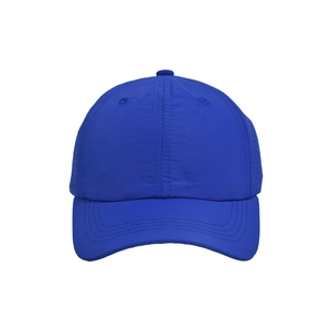 Close-up of navy blue children's mesh cap showing breathable side vents and precise stitching