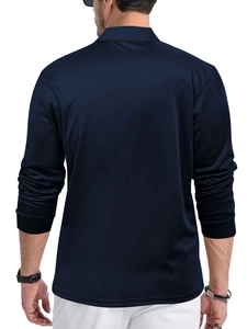 Close-up of the breathable honeycomb mesh texture on dark blue long-sleeve polo shirt