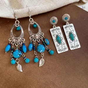 Bohemian Dangle Earrings With Faux Turquoise Leaf Tassel Alloy Geometric Silver Earring Post Vintage For Women