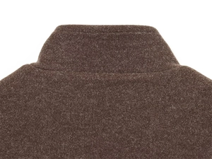 Close-up of brown wool jacket collar showing detailed stitching and fabric texture