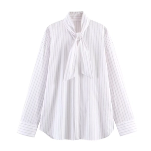 Striped Poplin Blouse Women Long Sleeve Tie Bow Collar Fashion Button Down Elegant Shirt
