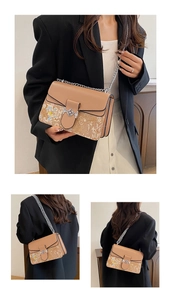 Detailed shots of a tan chain handbag with floral patterns worn by a model in a black blazer