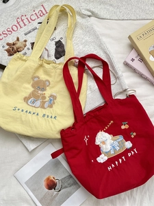 Cartoon embroidered canvas tote bags in yellow and red with large capacity and drawstring