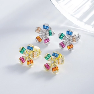Minimalist daisy flower stud earrings with colorful cubic zirconia and silver plating
