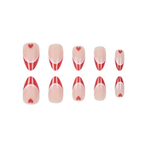 Red heart French tip almond press-on nails with minimalist white and pink patterns