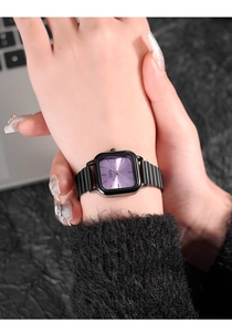 Detailed close-up of a square purple sunburst dial watch with black textured steel strap
