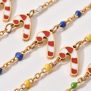 Christmas candy cane pendant bracelet with colorful beads and gold stainless steel chain