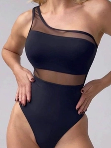 One-shoulder black one-piece swimsuit featuring sheer mesh panels and high-cut waist design