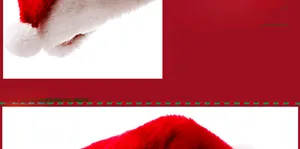 Close-up of red plush Christmas hat with thickened white faux fur trim and soft pompom