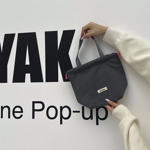 Close-up of dark grey canvas drawstring handbag with white polka dots and dual handles