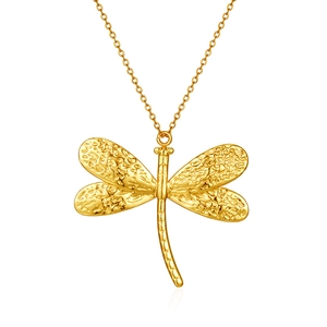 Elegant 18K gold dragonfly pendant necklace with textured wings on a fine chain
