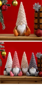Detail of colorful Christmas gnomes with tall plush hats and long white beards on red backdrop