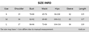Detailed size chart for the slim fit U-neck short sleeve dress with measurements in cm