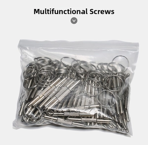 Macro view of portable mini screwdriver tool kits with keychains for eyewear repair