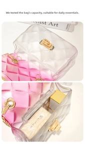 Macro detail of mini gradient jelly bag showing interior space for lipstick and tissues