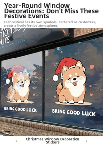 Detailed view of Christmas Shiba Inu window sticker with Bring Good Luck greeting