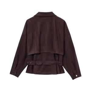 Women's dark brown faux suede moto jacket with belt and back flap shown from the back view