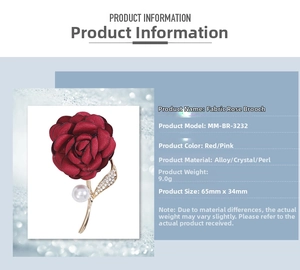 Detail view of burgundy fabric rose brooch with pearls, rhinestones, and gold stem