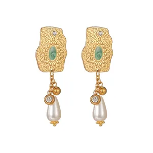 Vintage Court Style Drop Earrings Women Gold Plated Stainless Steel Irregular Geometric Enamel Imitation Artificial Pearl Zircon
