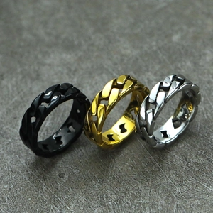 Three-piece Cuban link chain rings in matte black, shiny gold, and polished silver finishes