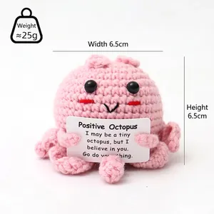Pink knitted positive octopus plush toy with encouraging card and cute crochet design