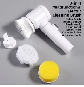 Detailed set of an electric cleaning brush with nylon, sponge, and wool brush heads
