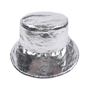 High-quality detail of a metallic silver bucket hat with a shiny futuristic foil finish
