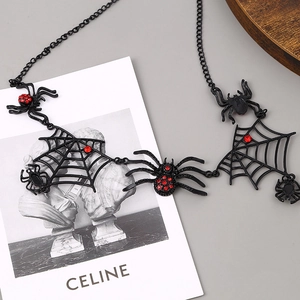 Gothic black metal spider necklace with red rhinestones on a minimalist card background