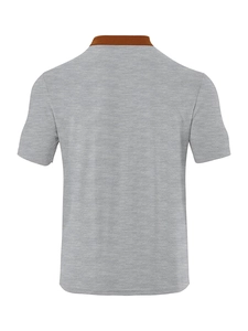 Detailed back view of men's short sleeve polo shirt with textured knit and brown collar