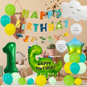32-inch green dinosaur birthday party decoration set with number 1 and colorful balloons