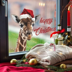 Adesivo natalizio per finestre con giraffa e scritta Happy Christmas in ambiente caldo