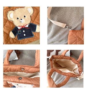 Detailed views of caramel quilted kids bag featuring teddy bear embroidery and magnetic closure