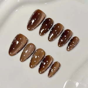 Press On Nails Retro Cat Eye Polka Dot Caramel Brown Almond Shape Glossy Full Cover Fake Nails For Women Girls