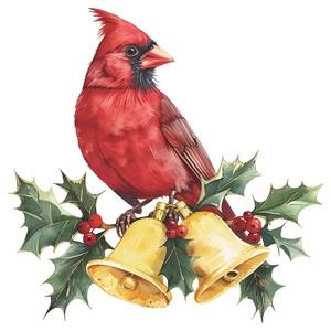 Christmas wall sticker with red cardinal bird, golden bells and green holly on white base