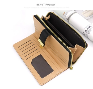 Detail view of khaki long bifold wallet with multi-card slots and zipper compartment