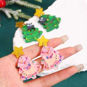 Festive Christmas tree and cat acrylic stud earrings with star details in pink and green
