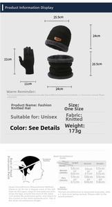 Detailed size chart showing dimensions for knit hat, neck warmer, and measurement guide