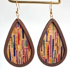 Rainbow striped vintage wood grain leather teardrop earrings with golden fish hooks